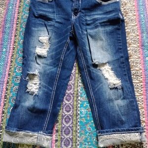 No Boundaries denim capris with lace embellishments